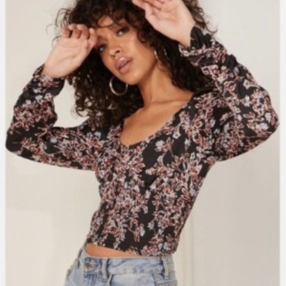 Free People Santiago Cropped Blouse with Shirred Waist and Puff Sleeves Size M